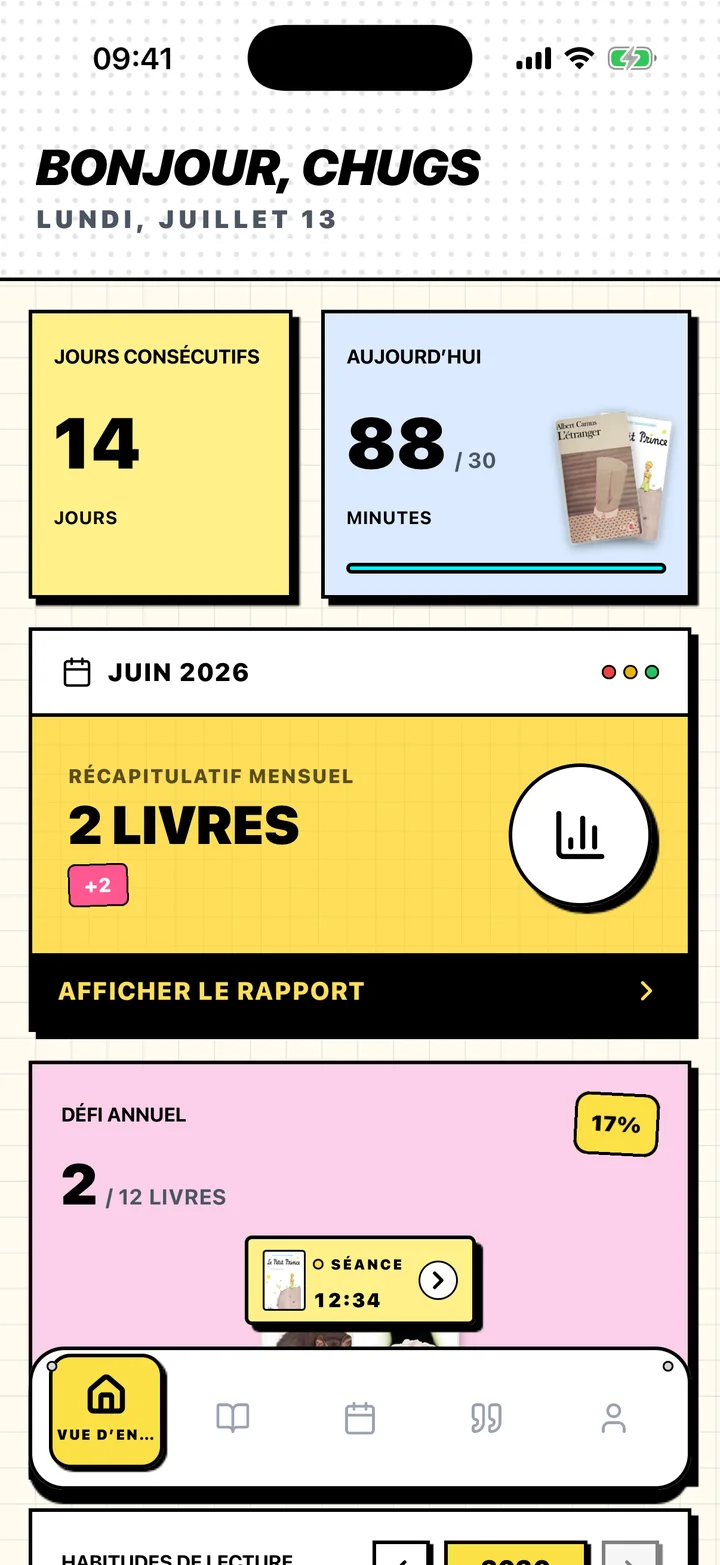Écran Vue d’ensemble de Chugs avec une série de lecture, un objectif quotidien et un objectif annuel