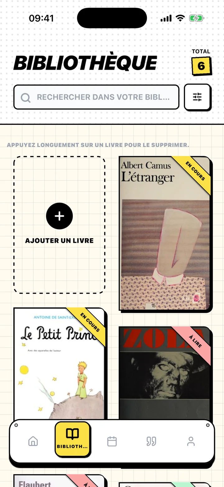 Écran Bibliothèque de Chugs avec des livres sur les étagères À lire, En cours et Lus