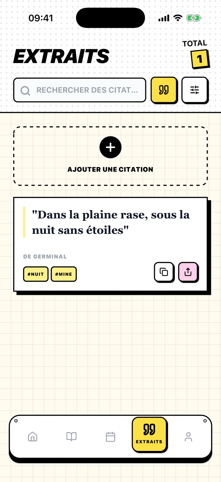Écran Chugs affichant une citation enregistrée, son livre et ses étiquettes
