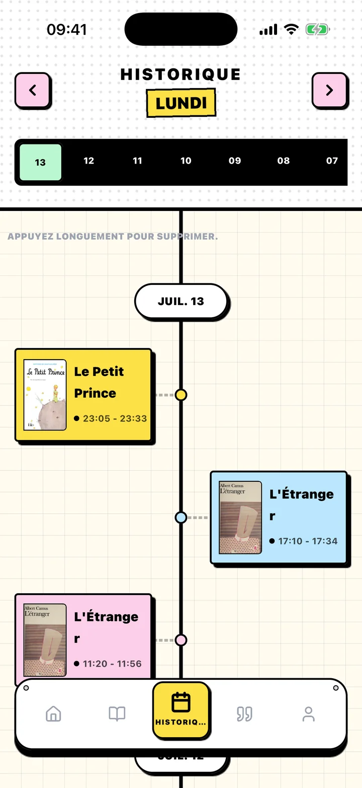 Écran Historique de Chugs avec les séances de lecture classées par date