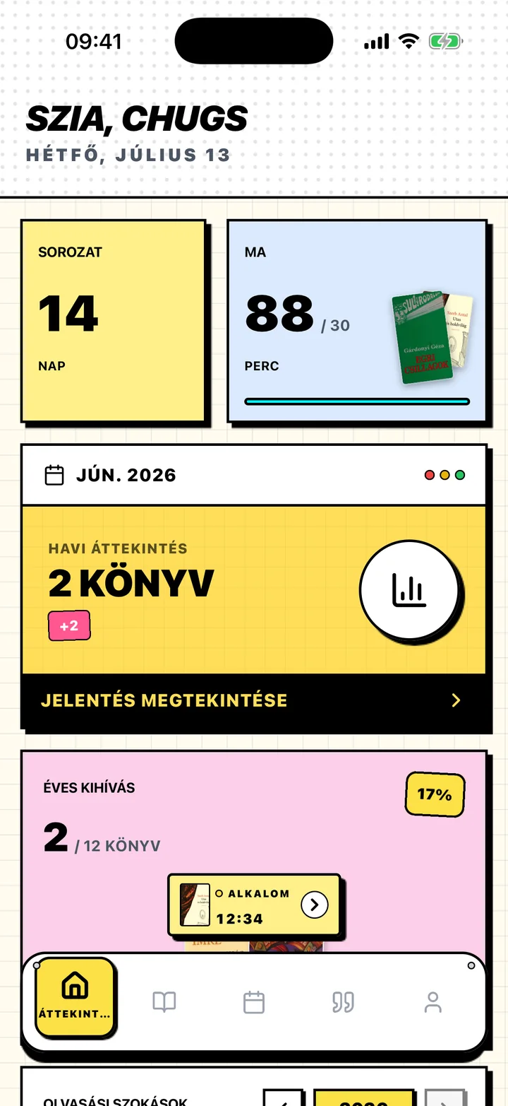 A Chugs Áttekintés képernyője olvasási sorozattal, napi céllal és éves céllal