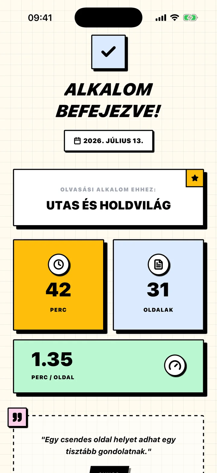 A Chugs alkalom-összegzése az olvasott percekkel, oldalakkal és a tempóval