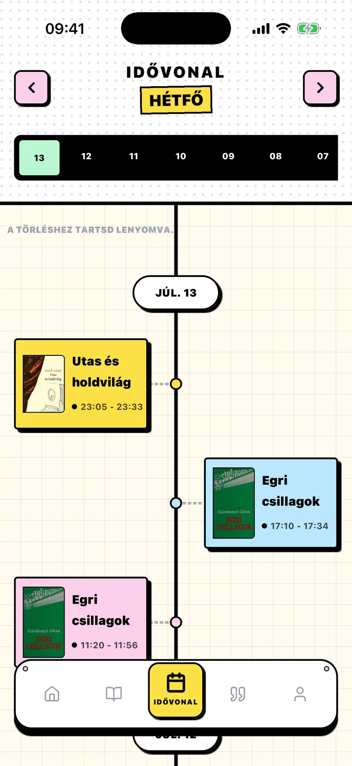 A Chugs Idővonal képernyője dátum szerint rendezett olvasási alkalmakkal