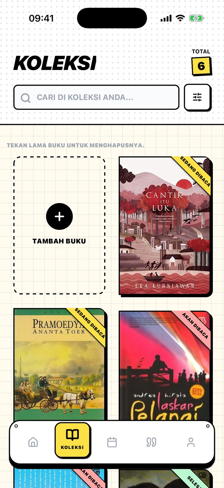 Layar Koleksi Chugs dengan buku di rak Akan Dibaca, Sedang Dibaca, dan Selesai