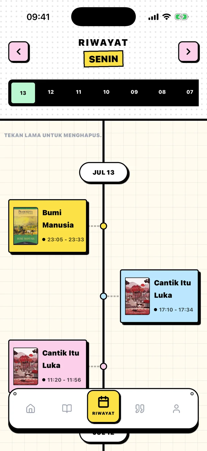 Layar Riwayat Chugs dengan sesi membaca yang disusun menurut tanggal