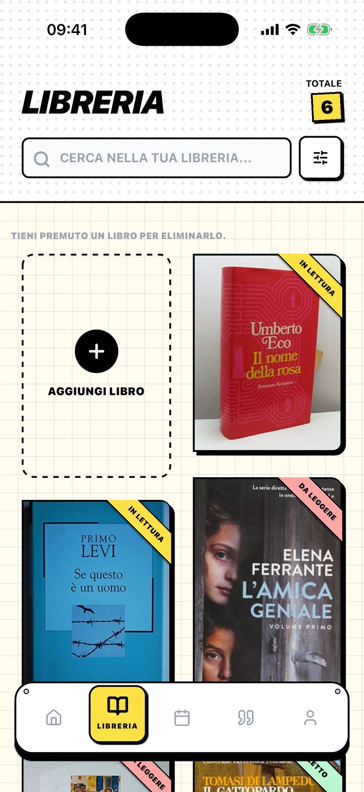 Schermata Libreria di Chugs con libri sugli scaffali Da leggere, In lettura e Letti