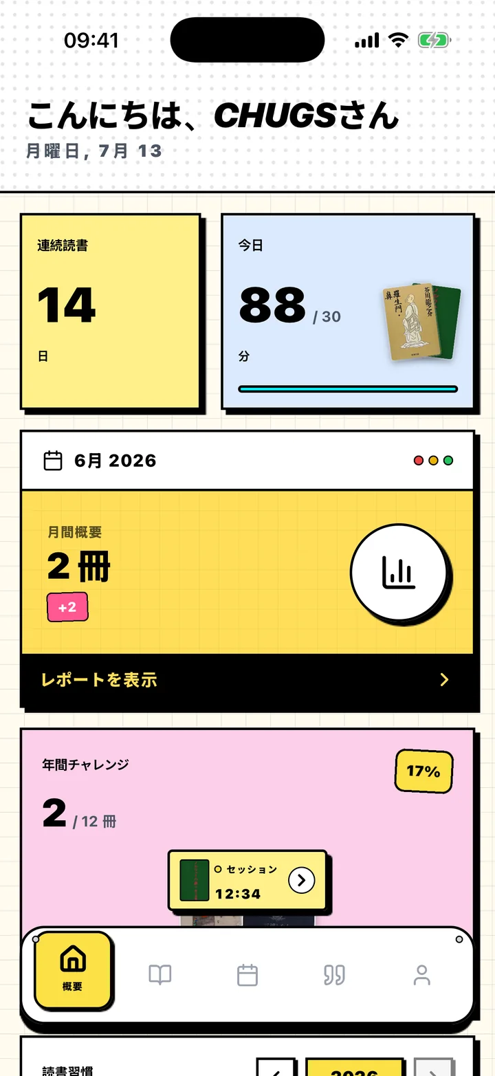 連続読書日数、1日の目標、年間目標を表示するChugsの概要画面