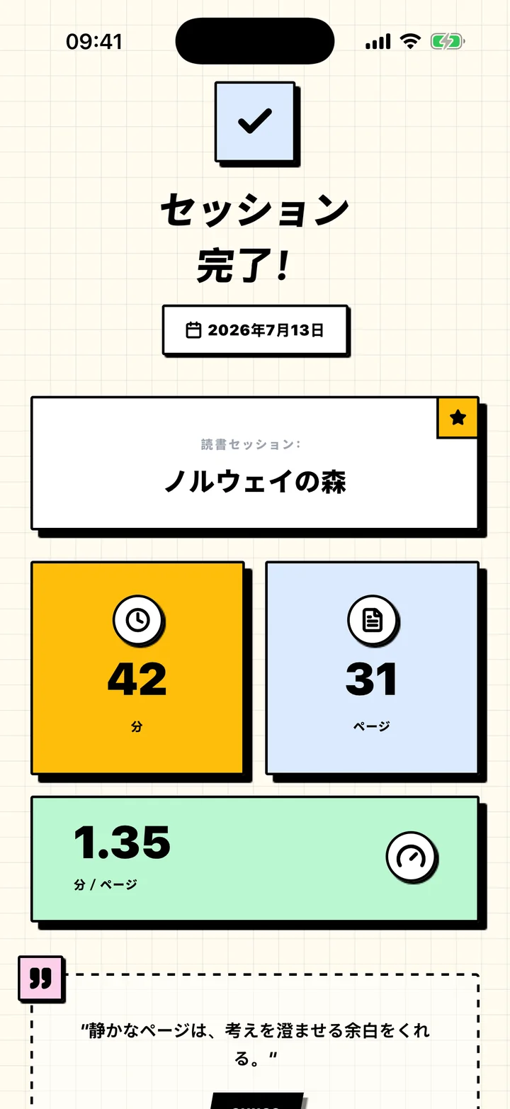 読書時間、ページ数、ペースを表示するChugsのセッションのまとめ画面