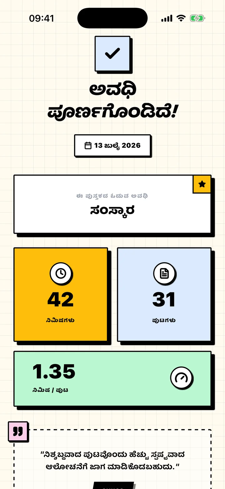 ಓದಿದ ನಿಮಿಷಗಳು, ಪುಟಗಳು ಮತ್ತು ಗತಿಯನ್ನು ತೋರಿಸುವ Chugs ಅವಧಿಯ ಸಾರಾಂಶ