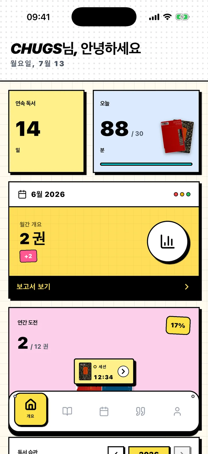 연속 독서 일수, 하루 목표, 연간 목표가 표시된 Chugs 개요 화면