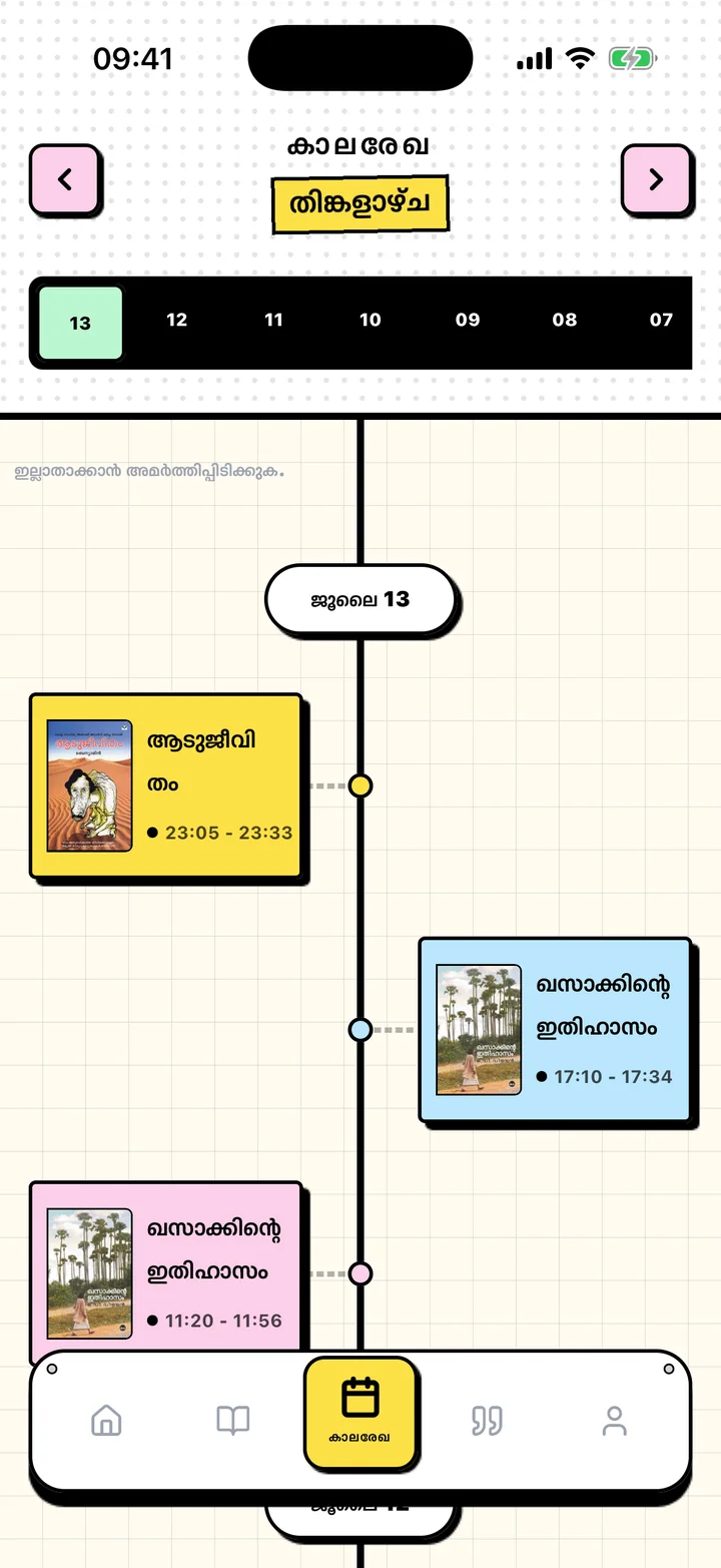 തീയതി അനുസരിച്ച് ക്രമീകരിച്ച വായനാ വേളകളുള്ള Chugs കാലരേഖ സ്ക്രീൻ