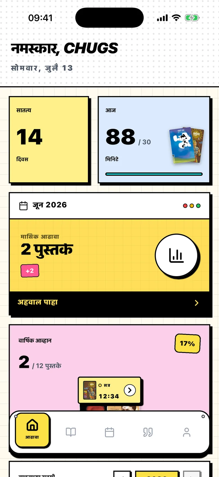 वाचनातील सातत्य, दैनिक ध्येय आणि वार्षिक ध्येय दाखवणारी Chugs आढावा स्क्रीन