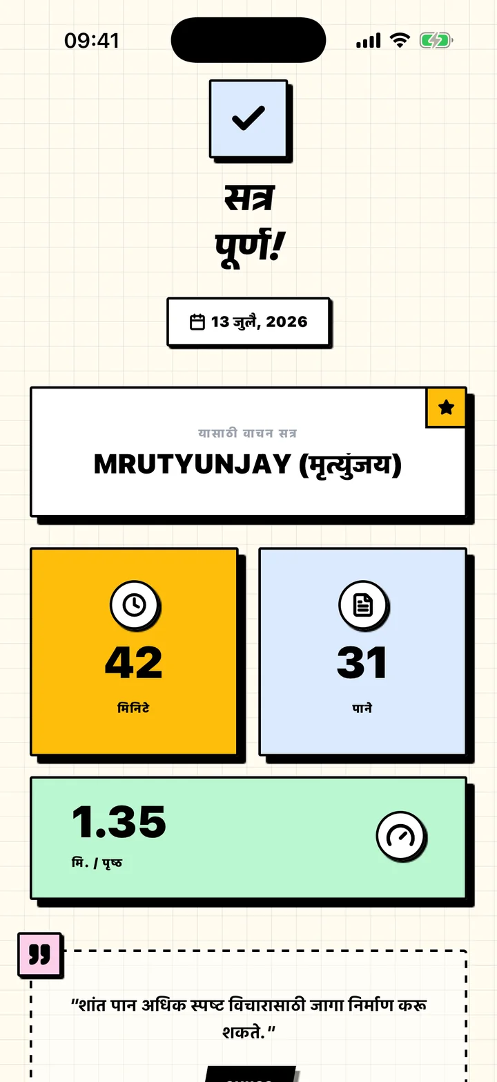 वाचलेली मिनिटे, पाने आणि गती दाखवणारा Chugs सत्र सारांश