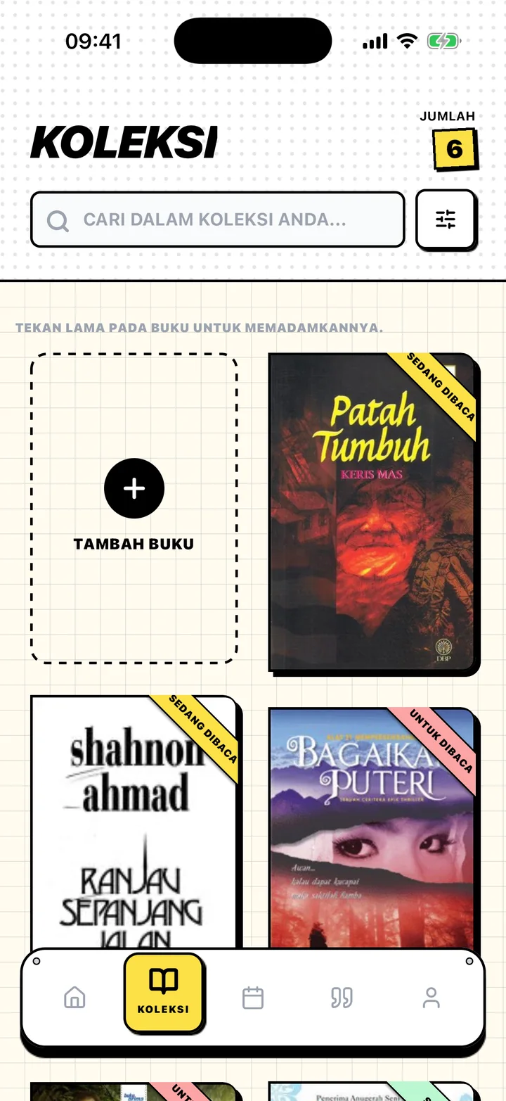 Skrin Koleksi Chugs dengan buku di rak Untuk Dibaca, Sedang Dibaca dan Selesai