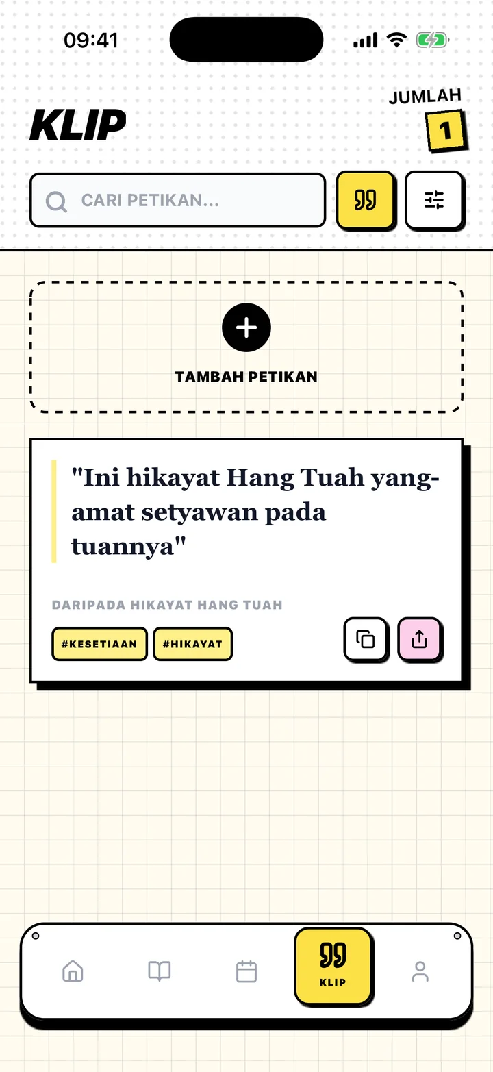 Skrin Chugs dengan petikan tersimpan, bukunya dan tag