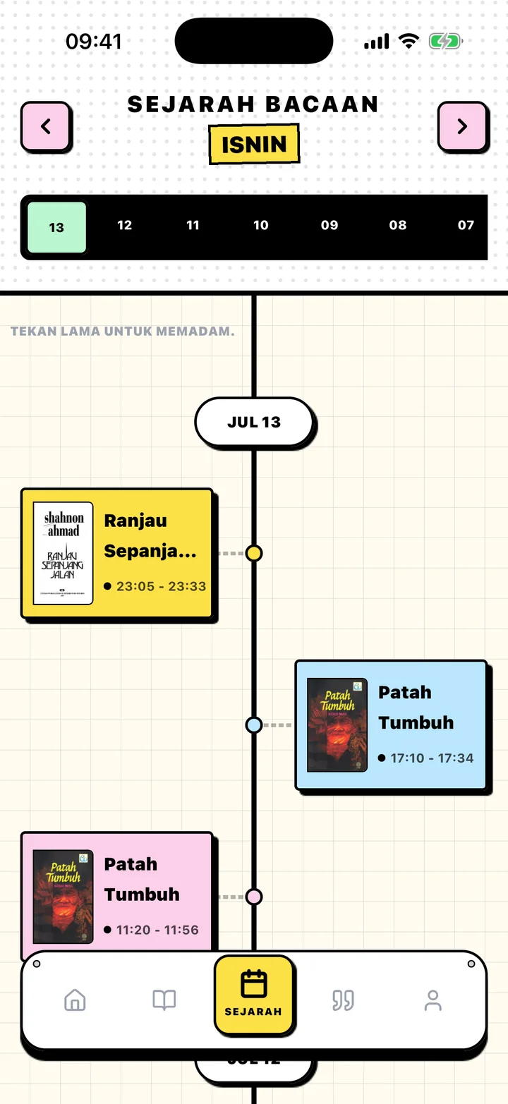 Skrin Sejarah Chugs dengan sesi membaca disusun mengikut tarikh