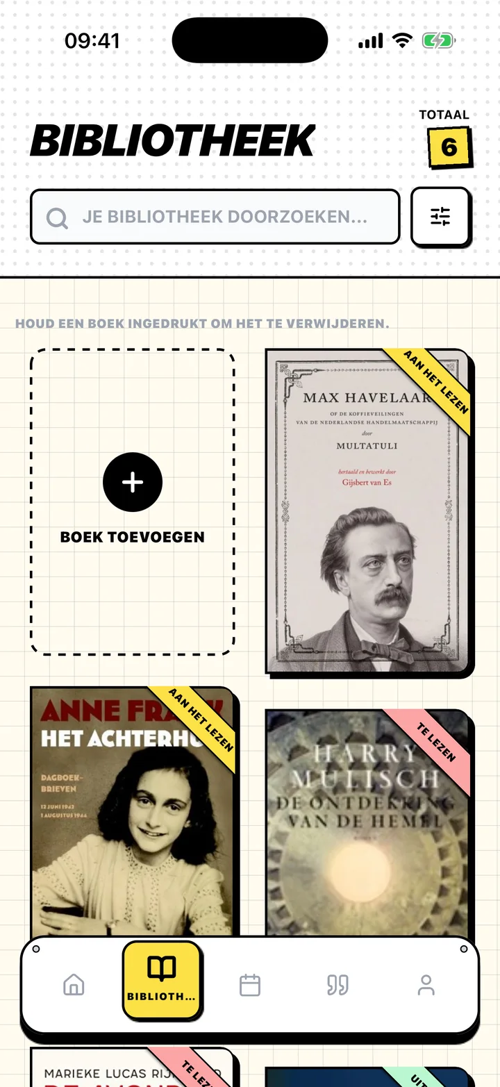 Bibliotheekscherm van Chugs met boeken op de planken Te lezen, Aan het lezen en Uitgelezen