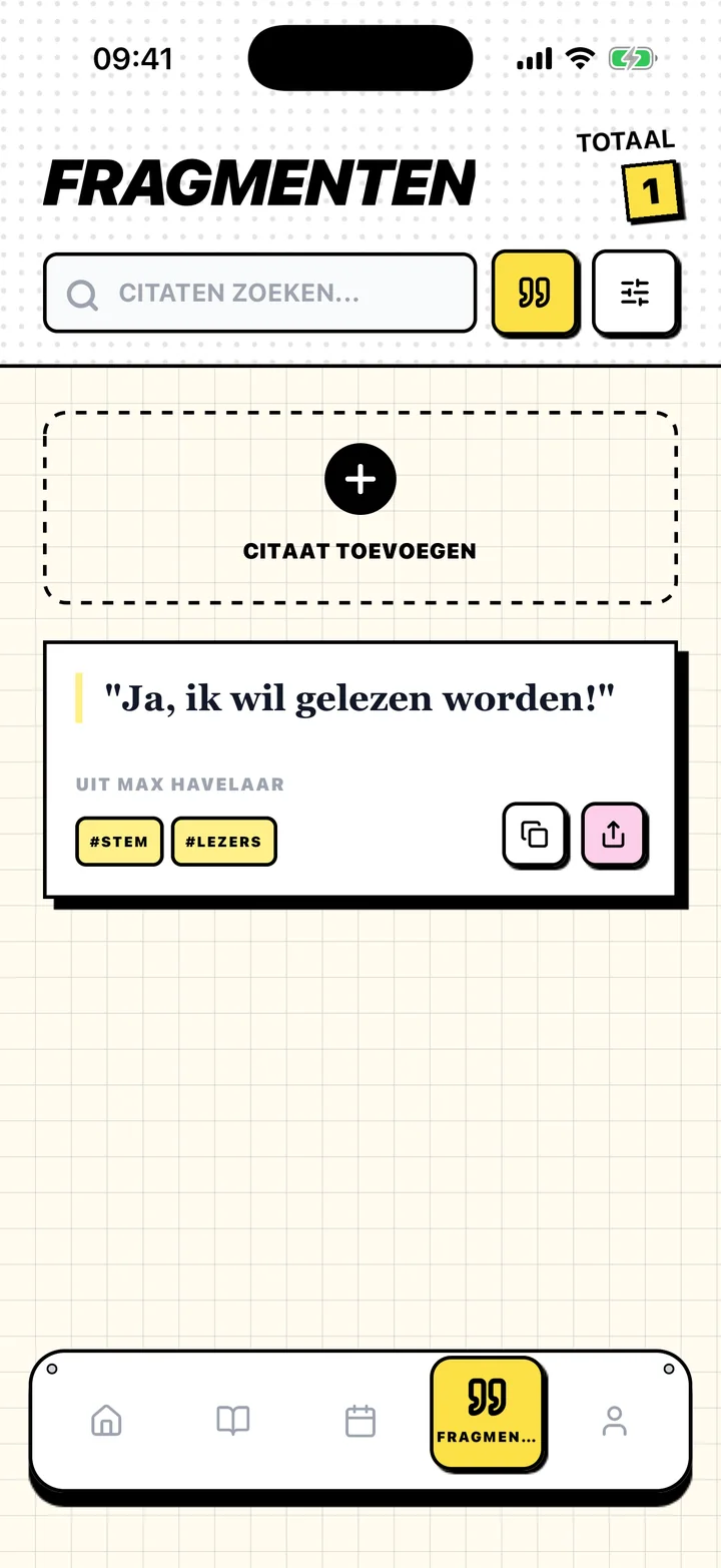 Chugs-scherm met een opgeslagen citaat, het bijbehorende boek en tags
