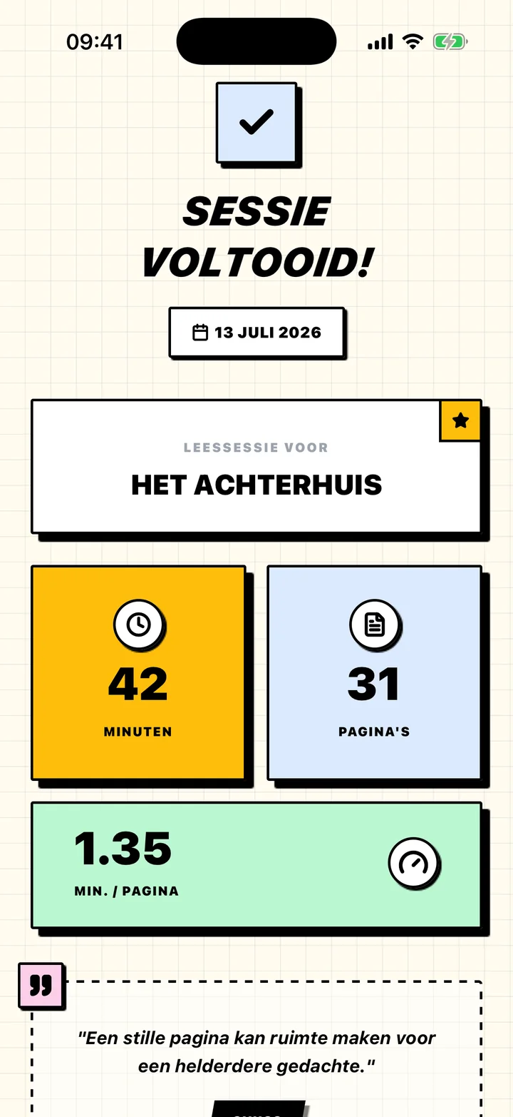 Sessiesamenvatting in Chugs met gelezen minuten, pagina's en tempo