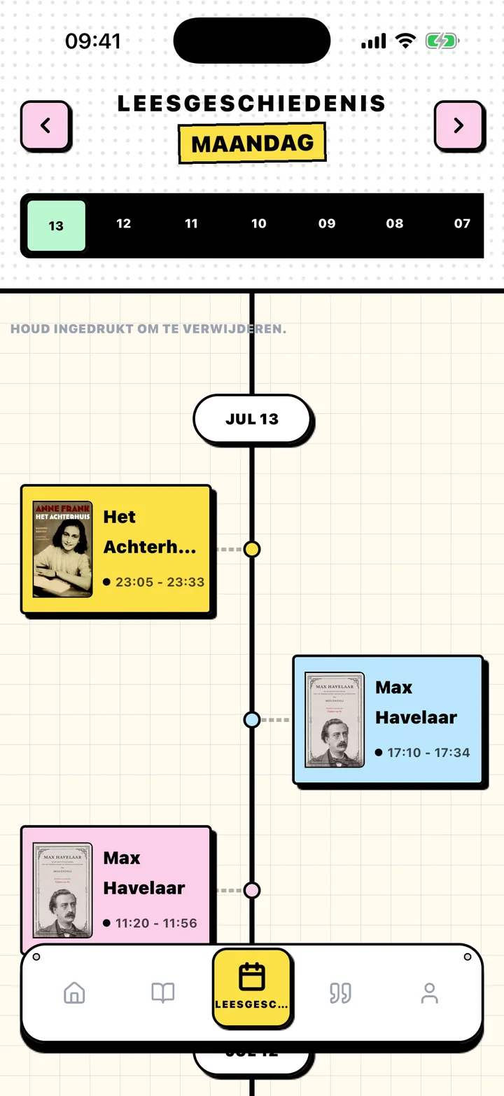 Leesgeschiedenis-scherm van Chugs met leessessies gerangschikt op datum