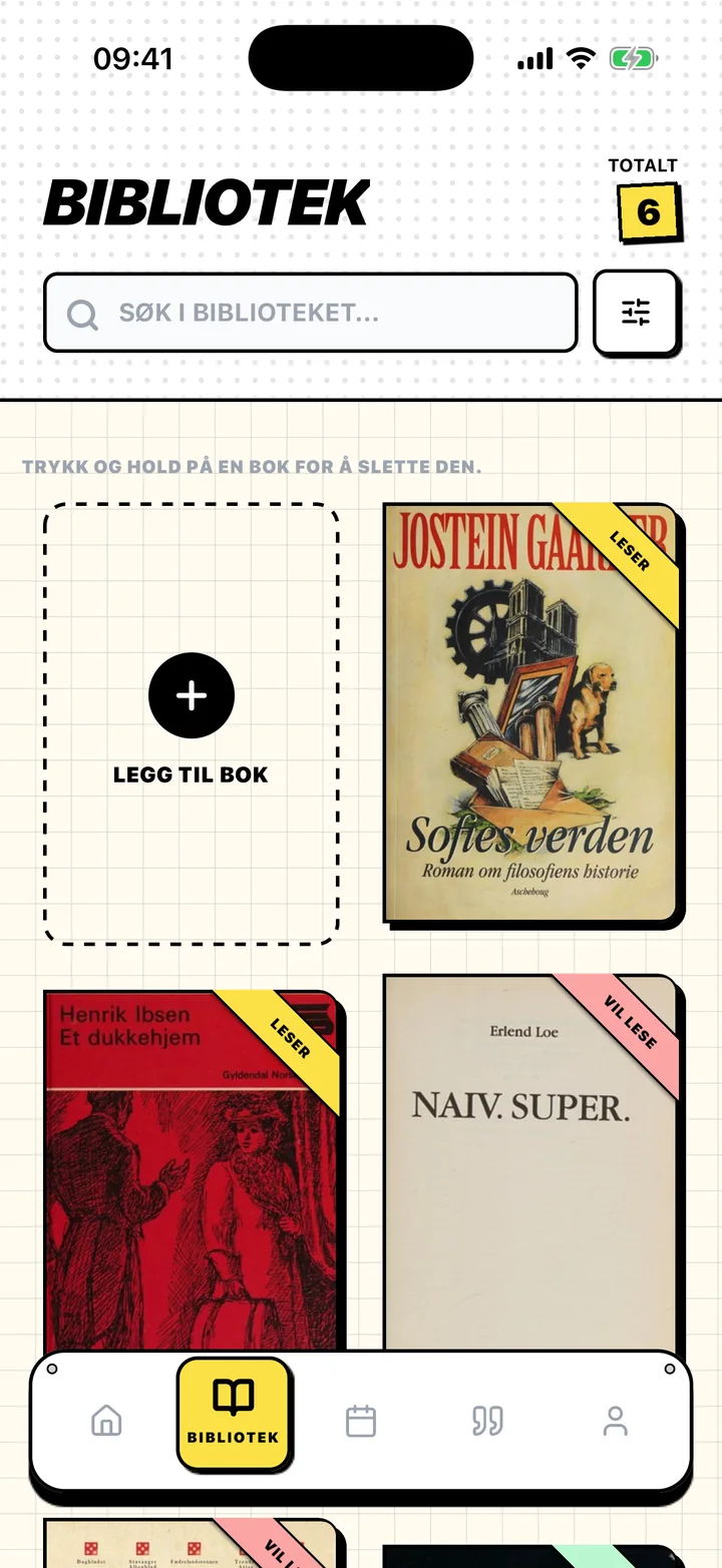 Biblioteksskjermen i Chugs med bøker i hyllene Vil lese, Leser og Lest