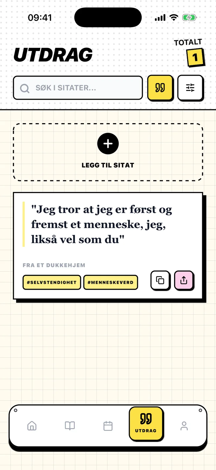 Chugs-skjerm med et lagret sitat, boken det kommer fra, og tagger
