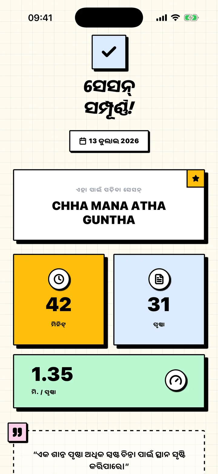 ପଢ଼ିଥିବା ମିନିଟ, ପୃଷ୍ଠା ଏବଂ ଗତି ସହିତ Chugsର ସେସନ୍ ସାରାଂଶ