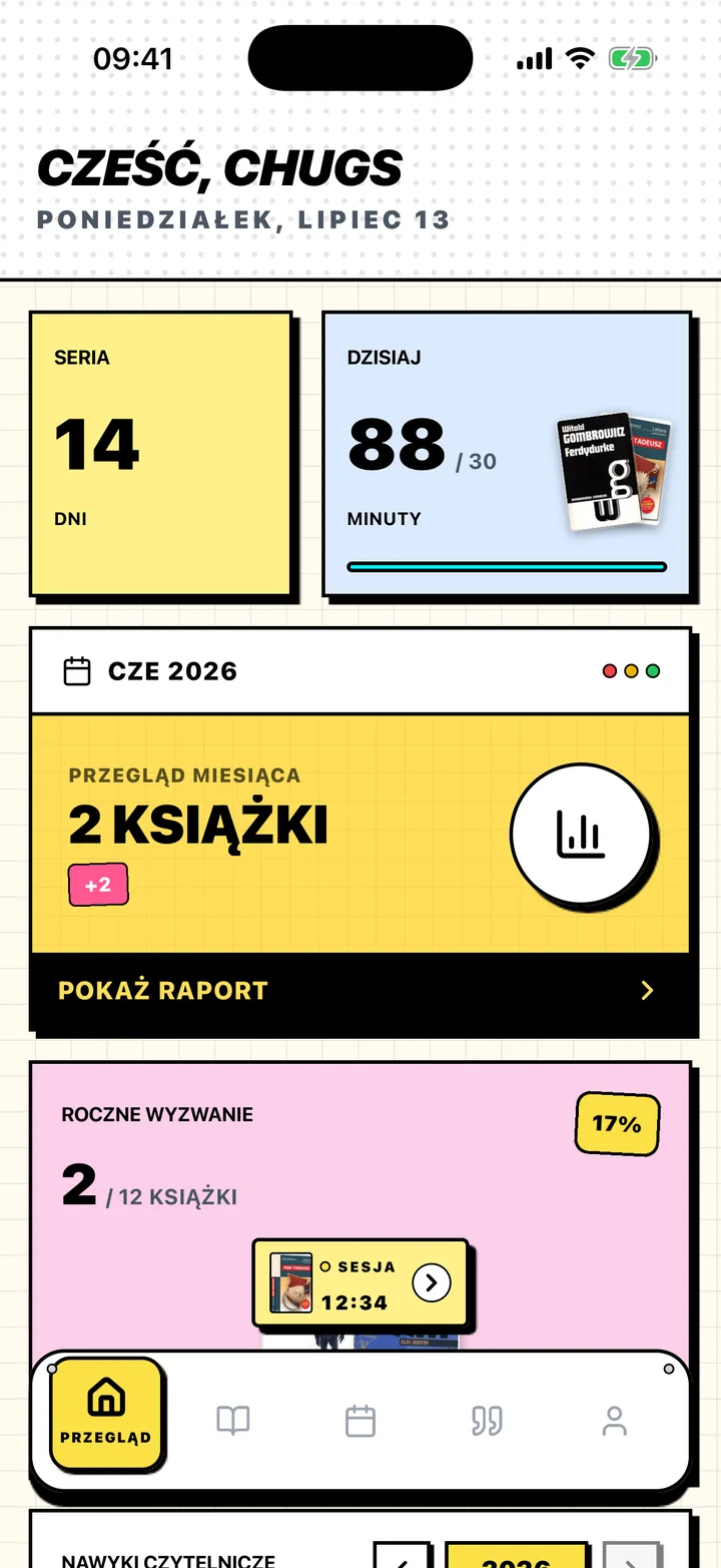 Ekran Przegląd w Chugs z serią czytania, celem dziennym i celem rocznym
