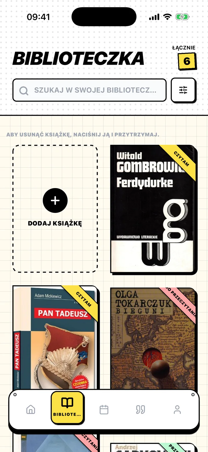 Ekran Biblioteczka w Chugs z książkami na półkach Do przeczytania, Czytam i Przeczytane