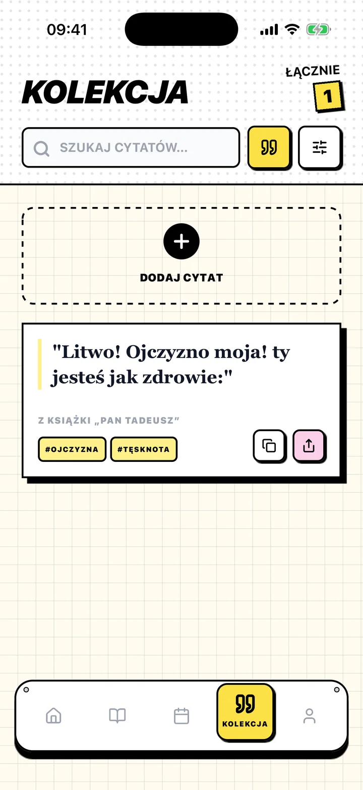 Ekran Chugs z zapisanym cytatem, jego książką i tagami