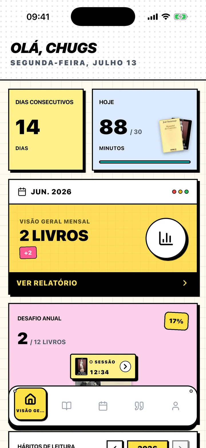 Ecrã Visão geral do Chugs com dias consecutivos de leitura, objetivo diário e objetivo anual