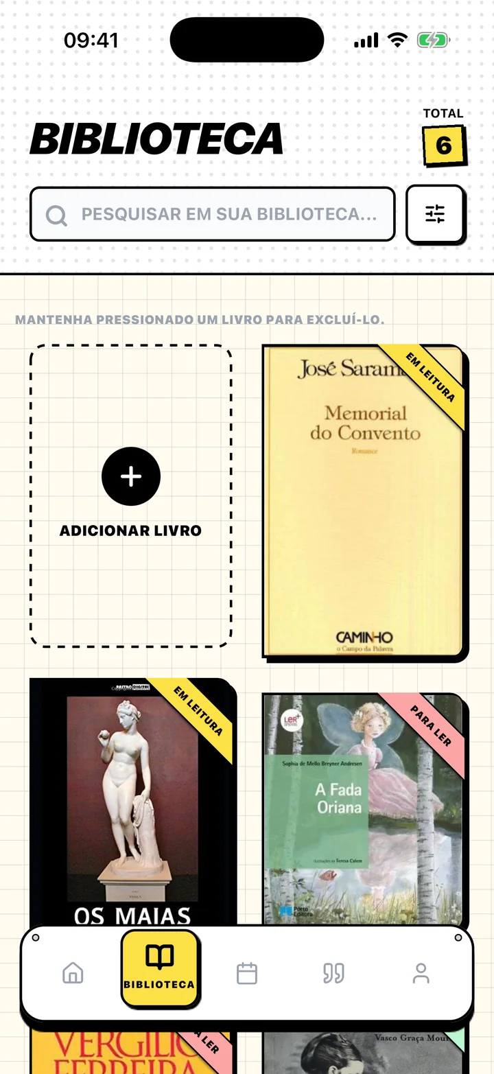 Ecrã Biblioteca do Chugs com livros nas estantes Para ler, Em leitura e Lidos