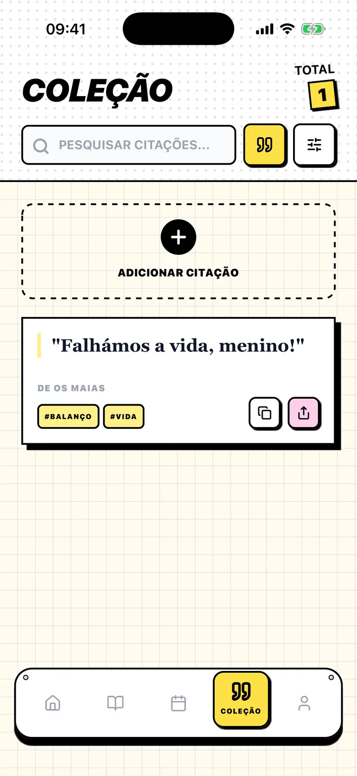 Ecrã do Chugs com uma citação guardada, o livro de origem e etiquetas