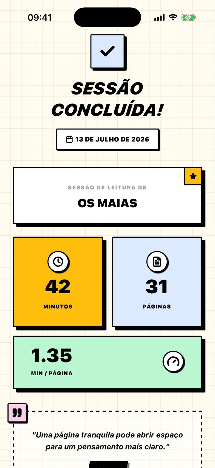 Resumo de sessão do Chugs com minutos lidos, páginas e ritmo