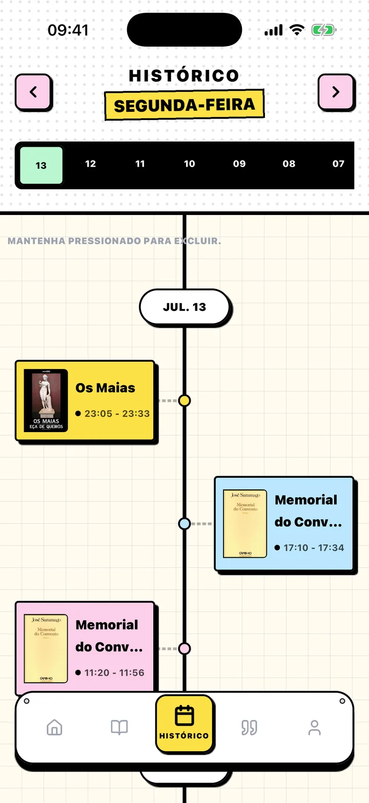 Ecrã Histórico do Chugs com sessões de leitura organizadas por data
