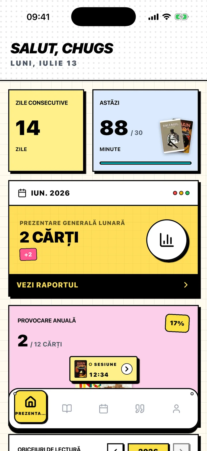 Ecranul Prezentare generală din Chugs cu zilele consecutive de lectură, obiectivul zilnic și obiectivul anual