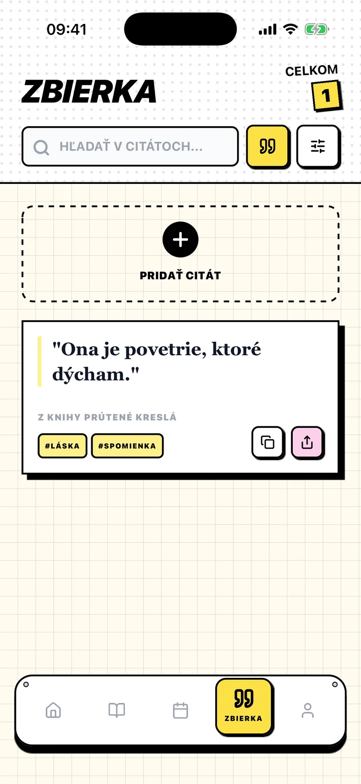 Obrazovka Chugs s uloženým citátom, jeho knihou a značkami