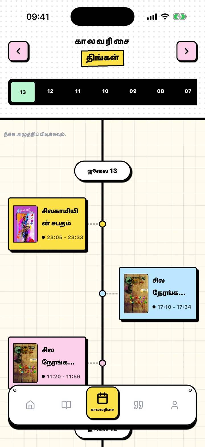 தேதி வாரியாக அடுக்கப்பட்ட வாசிப்பு அமர்வுகளுடன் Chugs காலவரிசைத் திரை