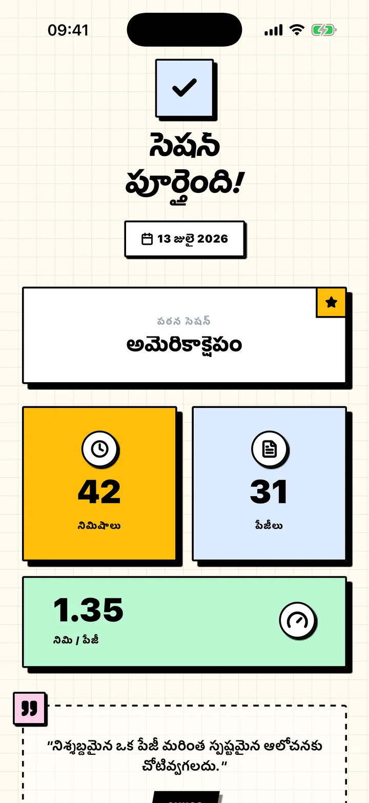 చదివిన నిమిషాలు, పేజీలు, పఠన వేగంతో Chugs సెషన్ సారాంశం