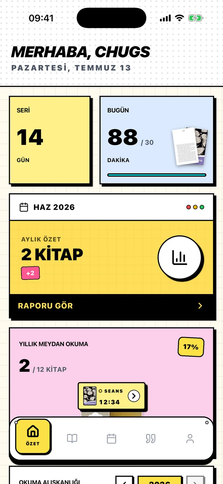 Okuma serisini, günlük hedefi ve yıllık hedefi gösteren Chugs Özet ekranı