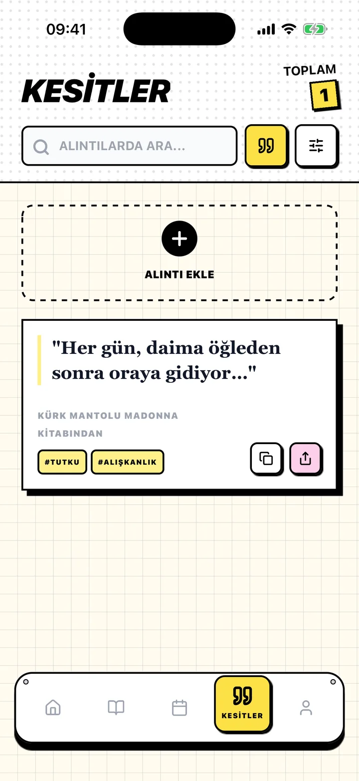 Kaydedilmiş bir alıntıyı, kitabını ve etiketlerini gösteren Chugs ekranı