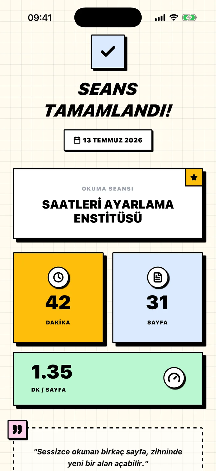Okunan dakikayı, sayfaları ve tempoyu gösteren Chugs oturum özeti